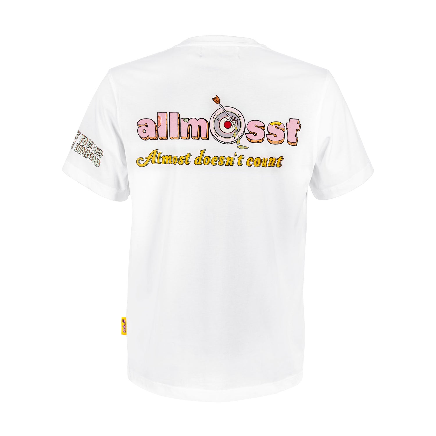 Allmosst Americanos Graphic T-shirt White, back view with Allmosst logo and slogan print. 