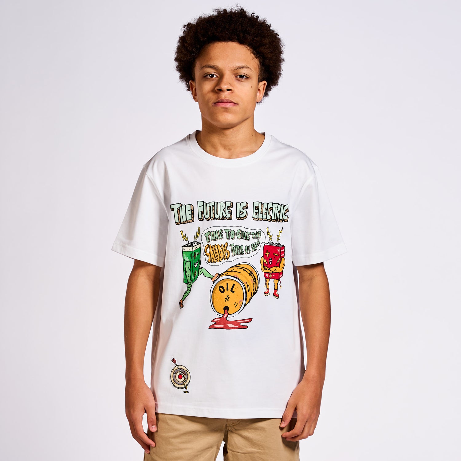 Model wearing Allmosst white t-shirt with colorful graphic design on a plain background