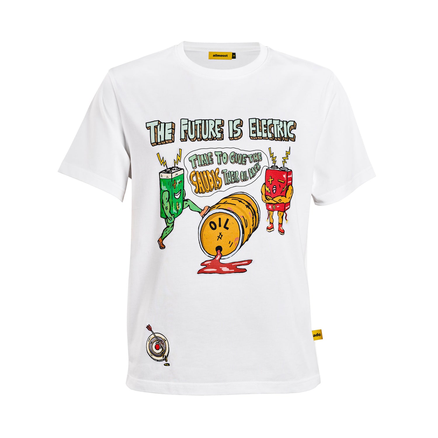 Allmosst Future is Electric White t-shirt with colorful graphic design and text on a white background