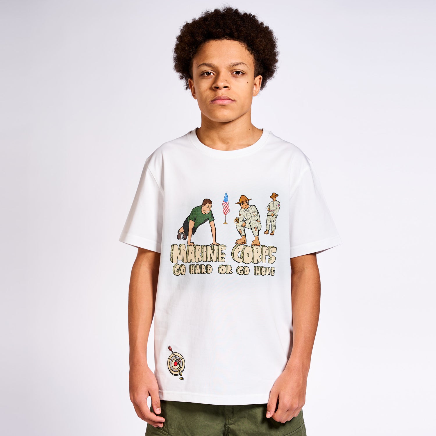 Allmosst Marine Corps Graphic T-shirt White. Model front view image on a white background 