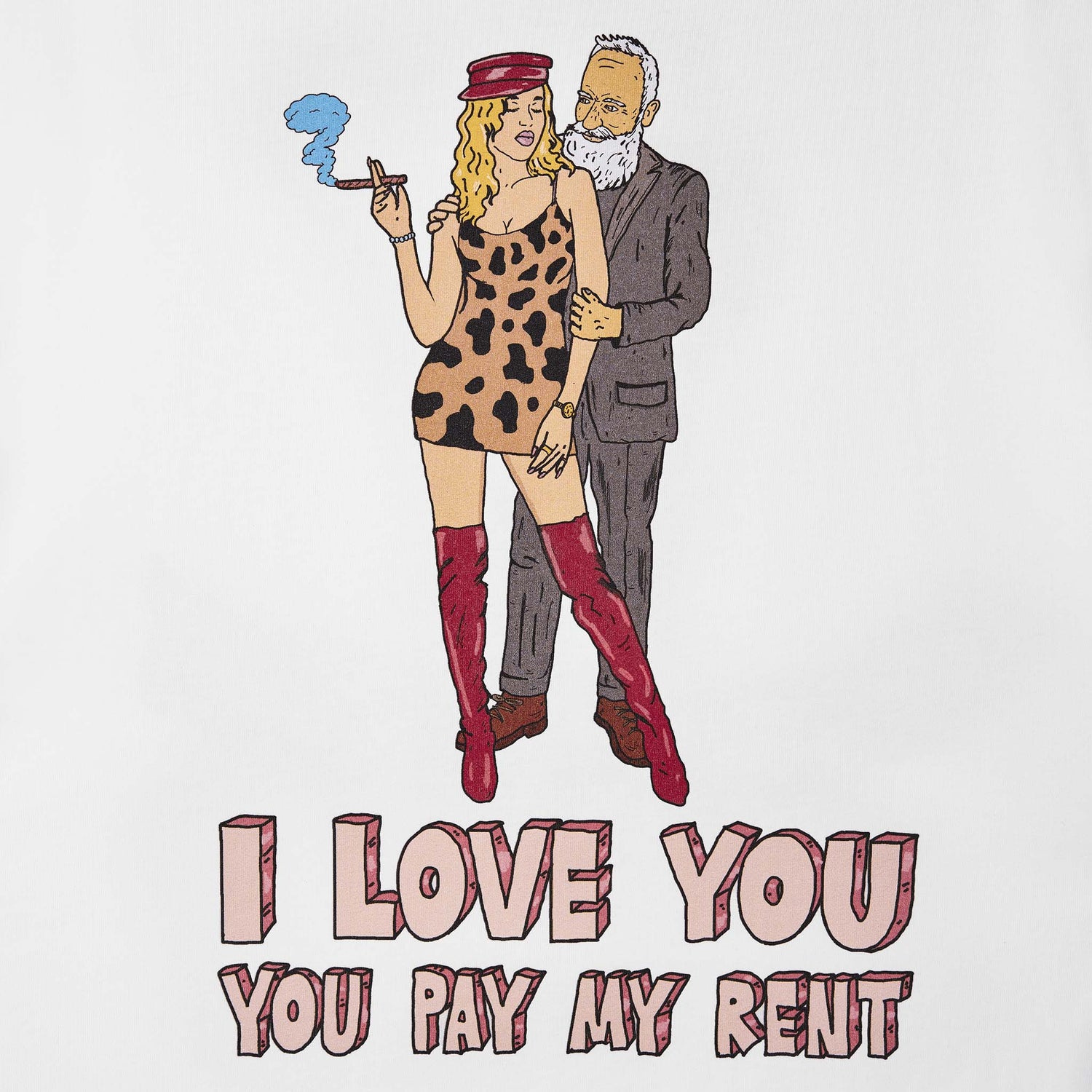 Illustration of a woman in a leopard print dress and red boots holding hands with a man in a suit, with text 'I LOVE YOU YOU PAY MY REUT' on a white background.