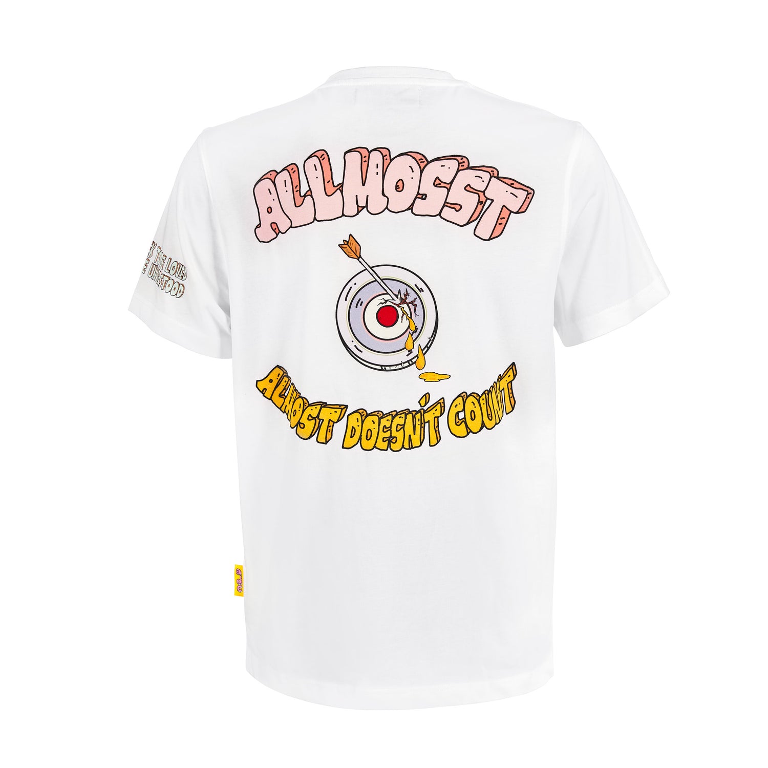 Pay my rent White t-shirt with colorful graphics and text on a white background