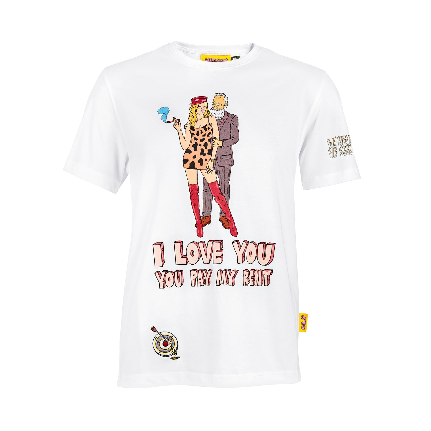 White t-shirt with graphic design and text on a white background