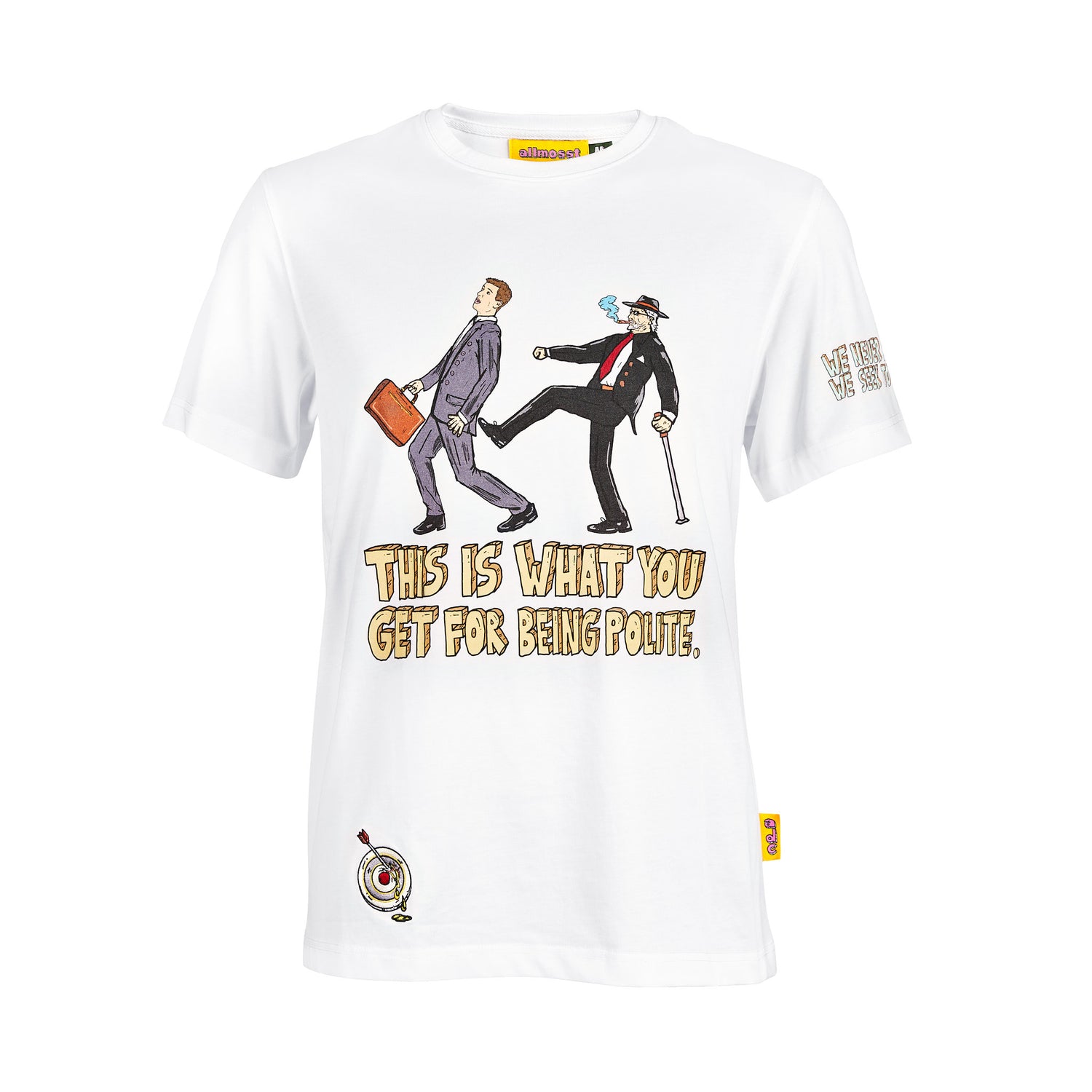 Allmosst White t-shirt with graphic design and text on a white background