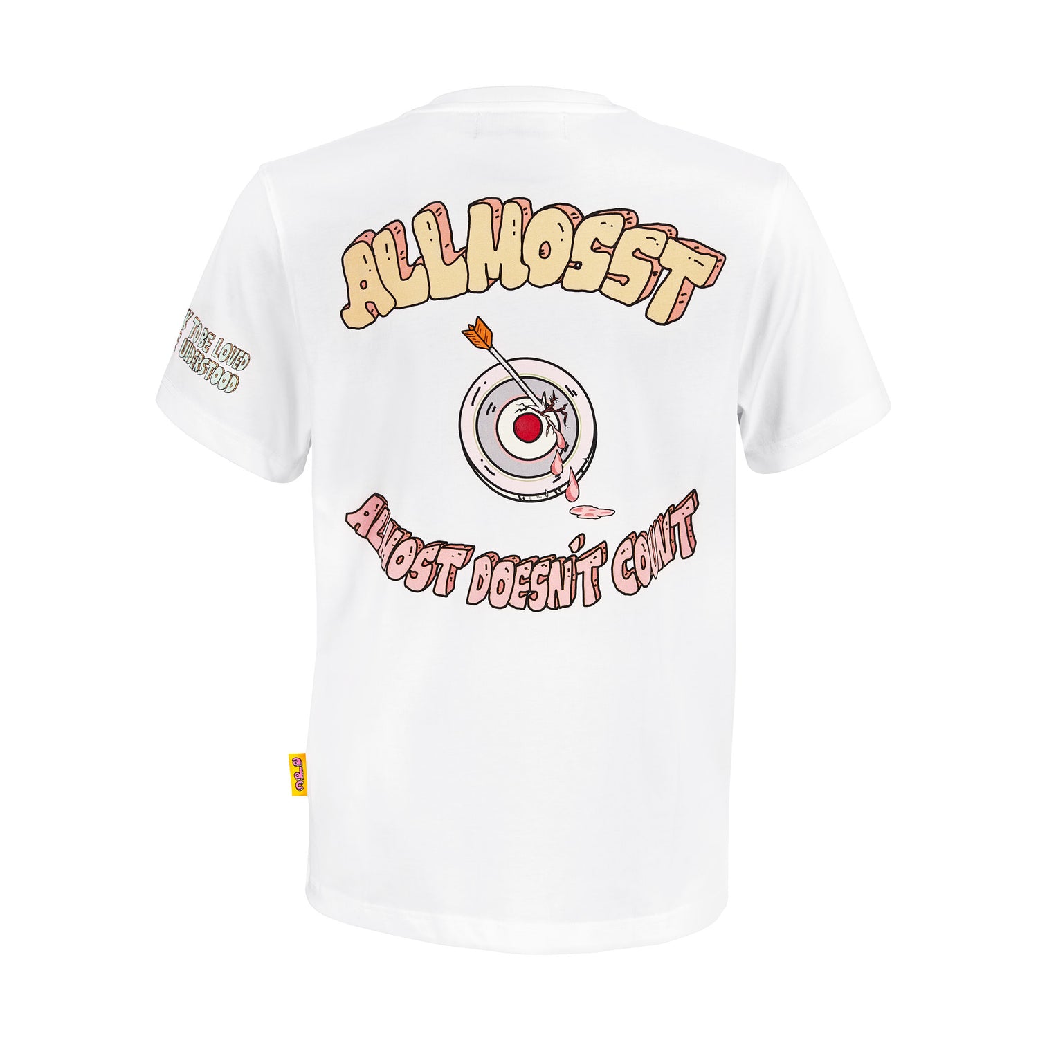 Allmosst White t-shirt with graphic design and text on a white background Back image