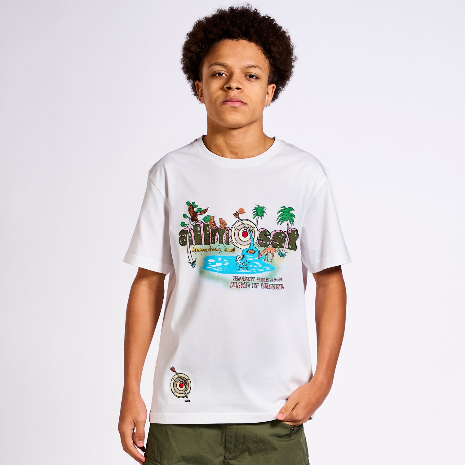  Model Allmosst State of Mind Graphic T-shirt White. Upper body image 