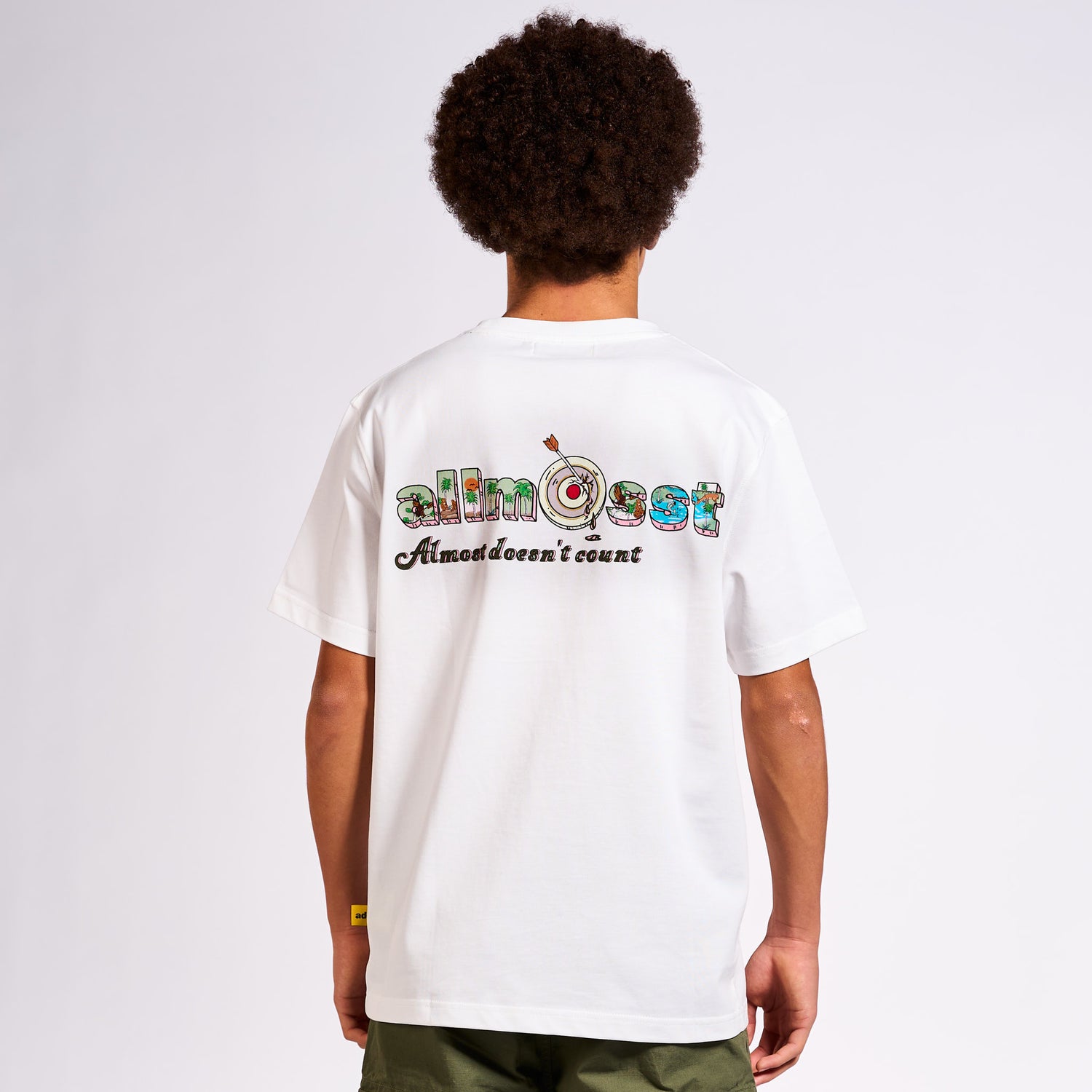 Allmosst State of Mind Graphic white T-shirt with graphic logo design on the back