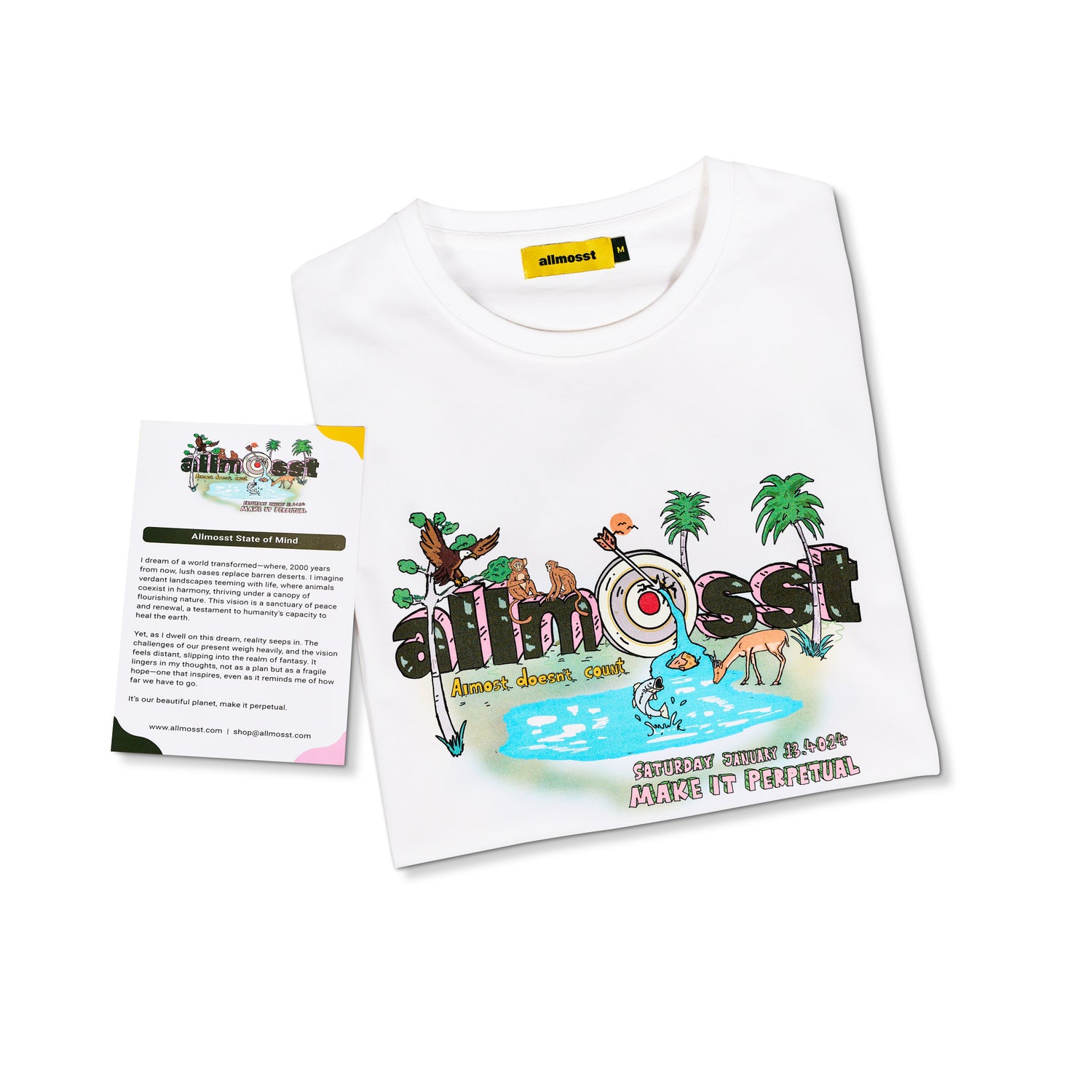Folded Allmosst State of Mind Graphic T-shirt with a story Card on a white background 