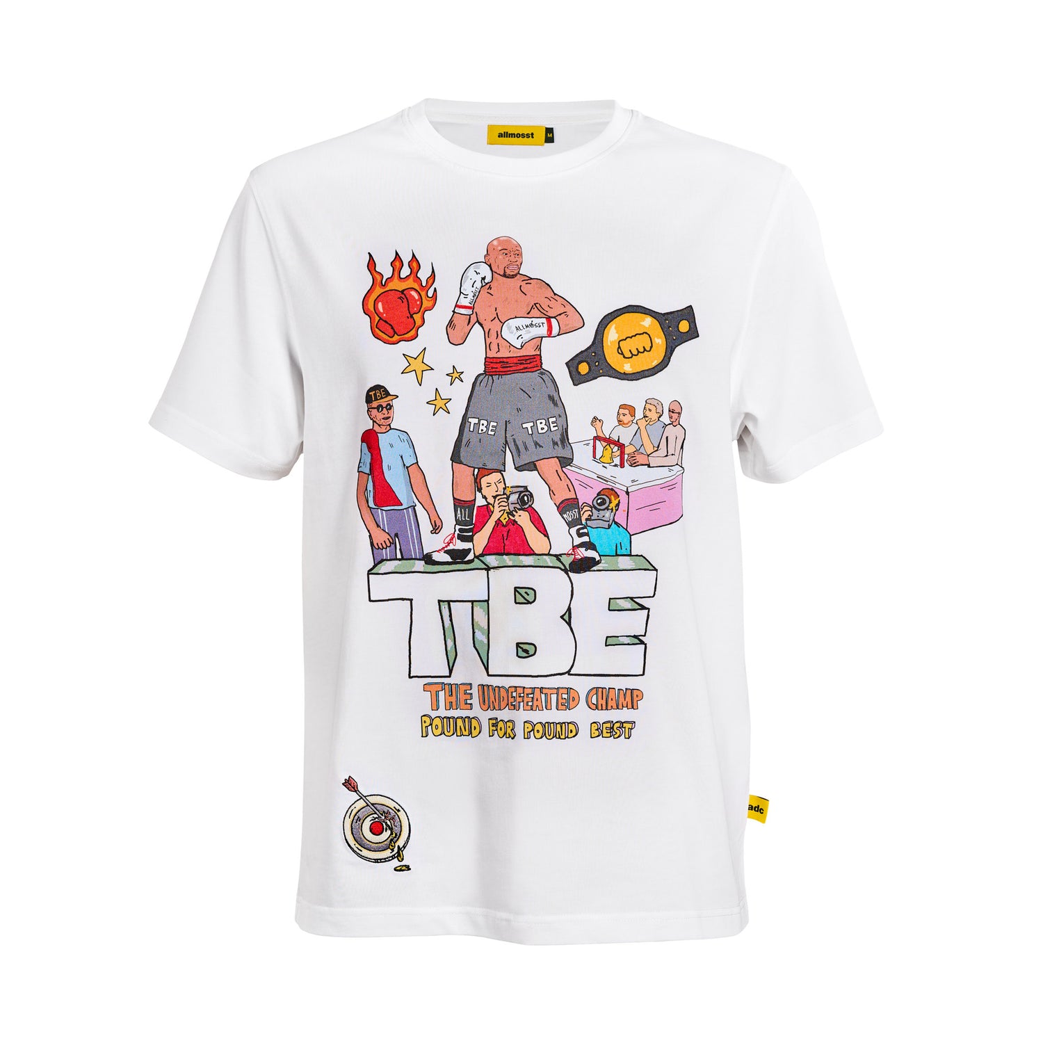 Allmosst White t-shirt with colorful graphic design on a white background. Frontview