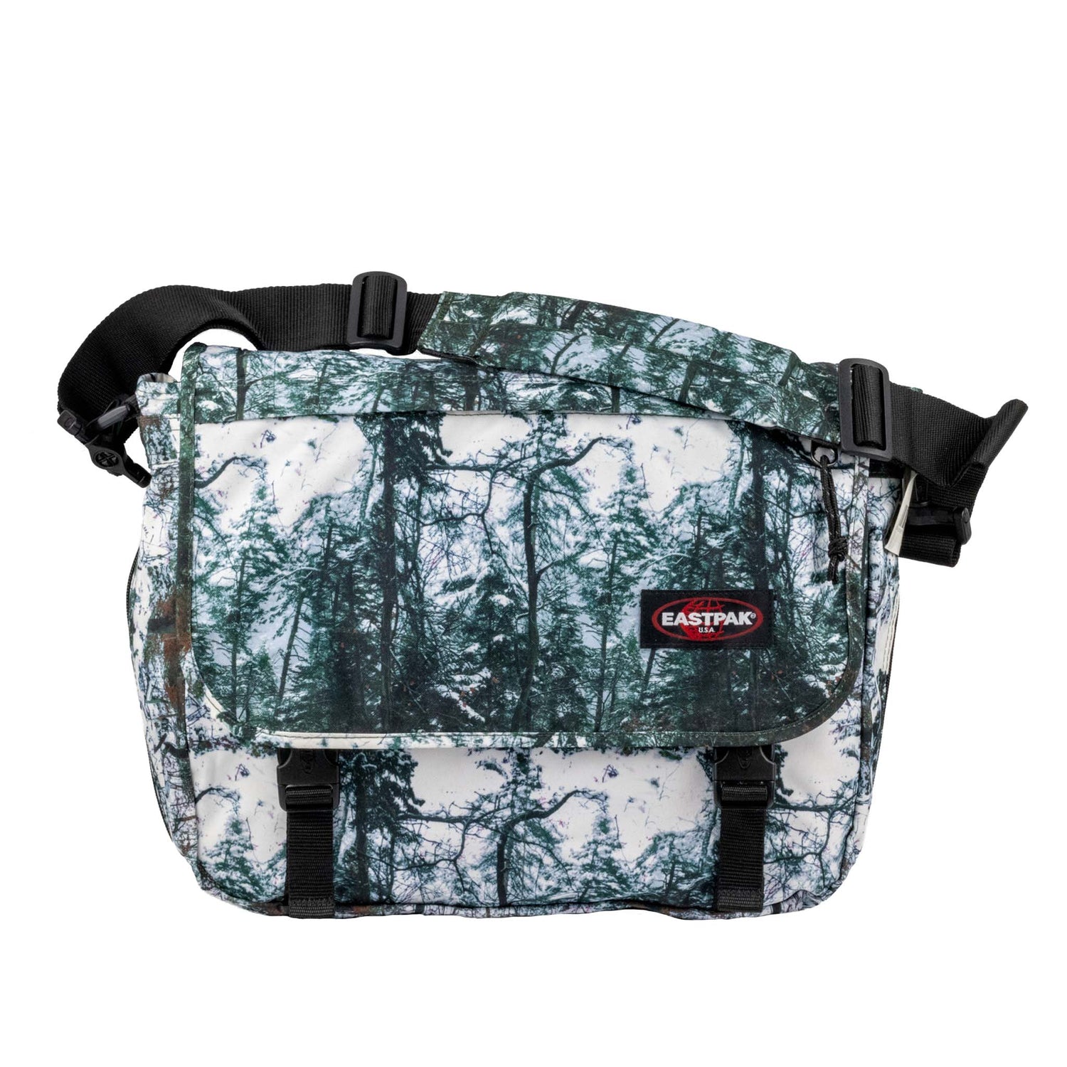 Sling bag with forest design and Eastpak logo on a white background