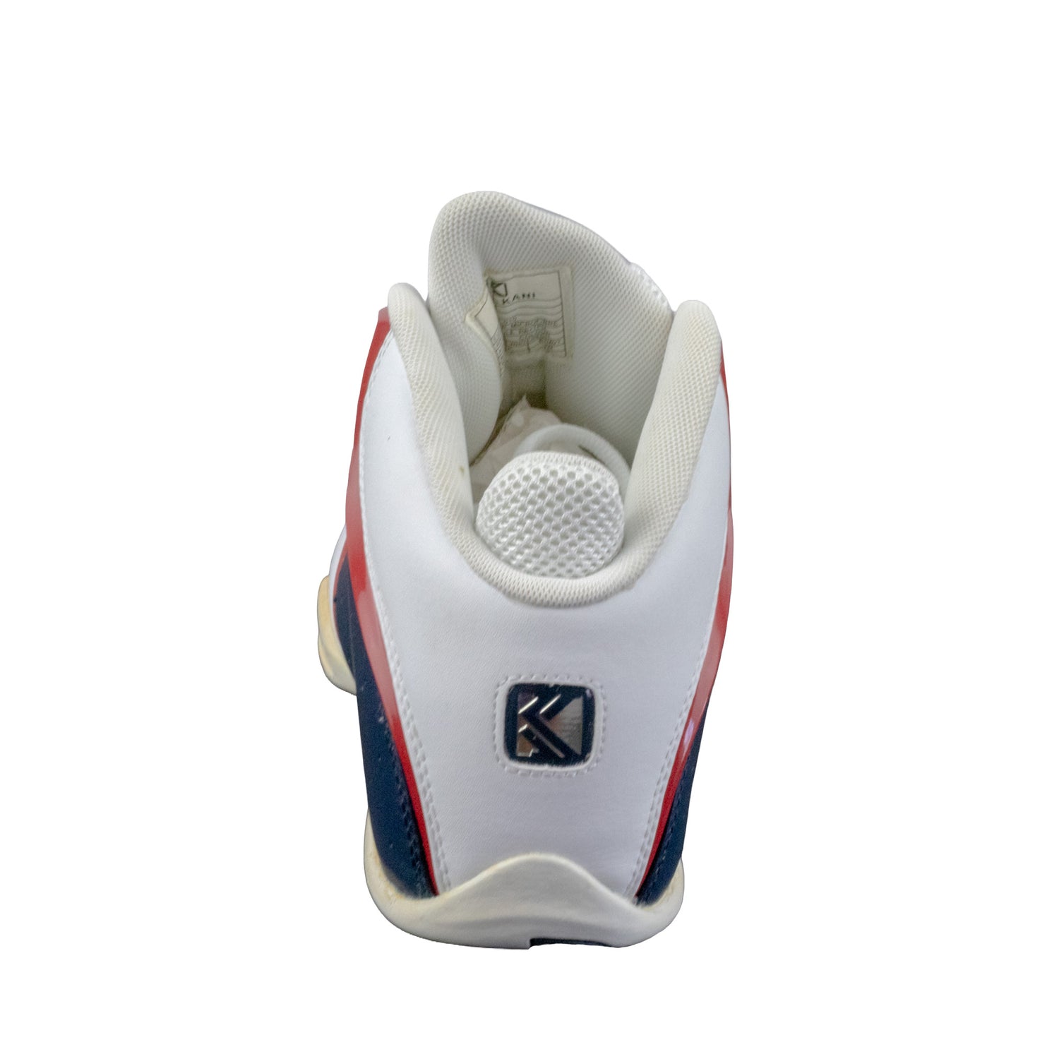 White sneaker with red and blue accents on a white background