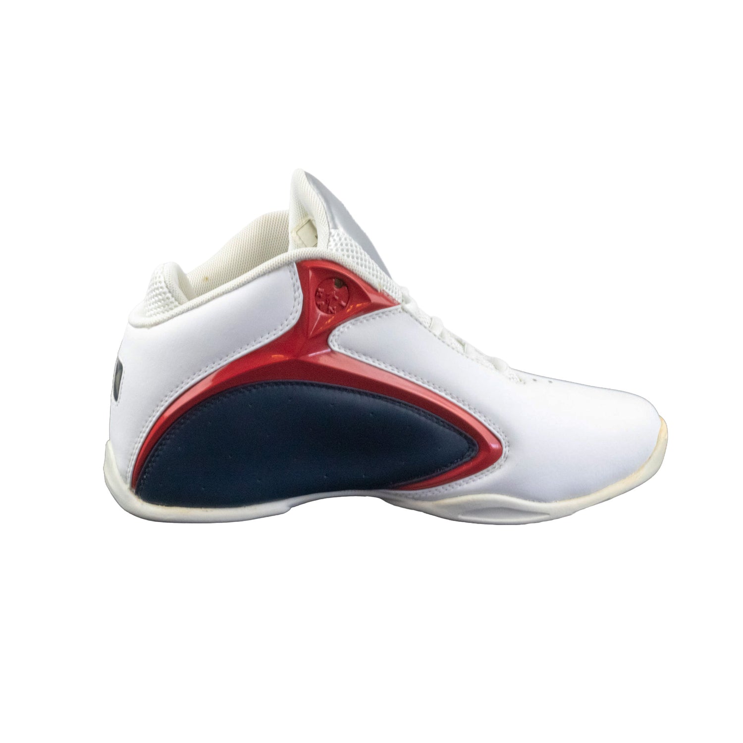 White sneaker with red and blue accents on a white background