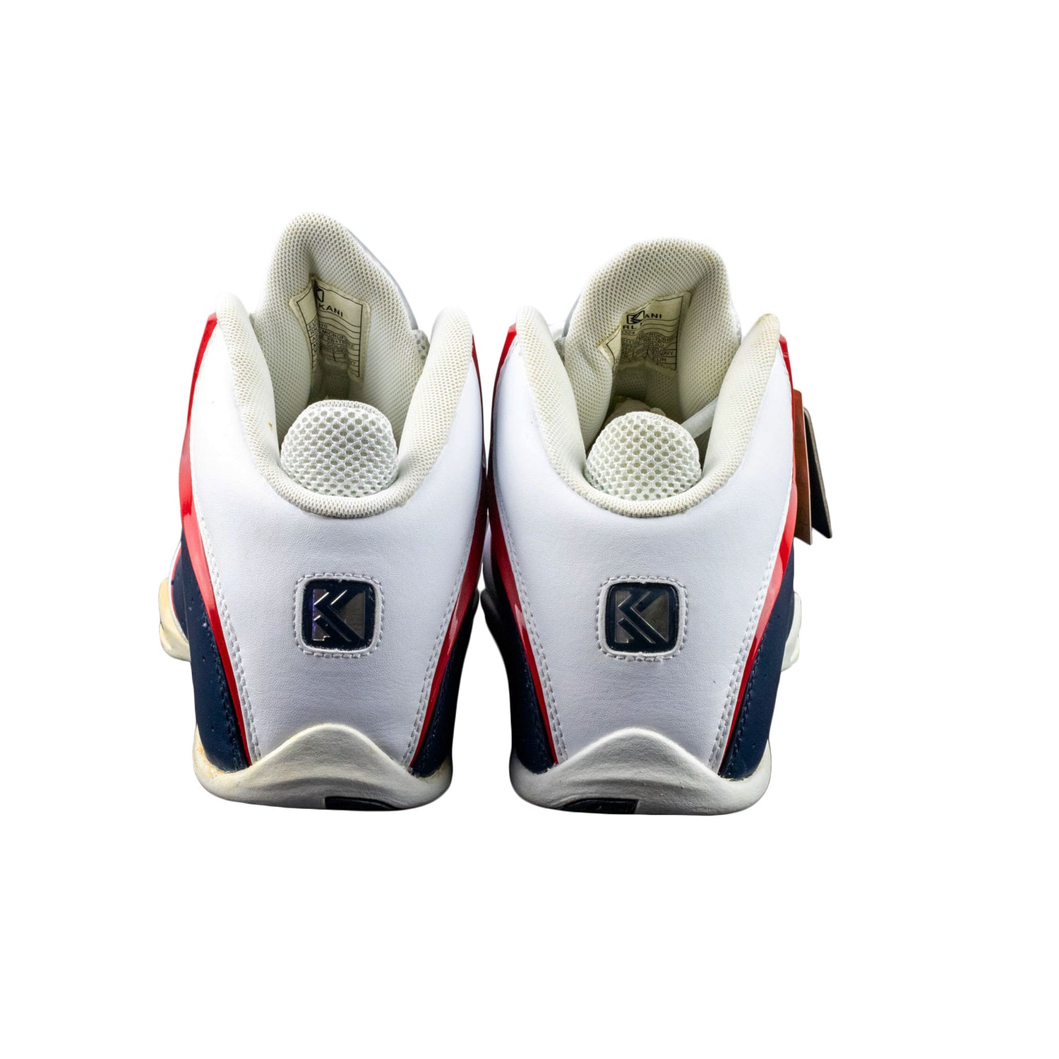 White bowling shoes with red and blue accents on a white background