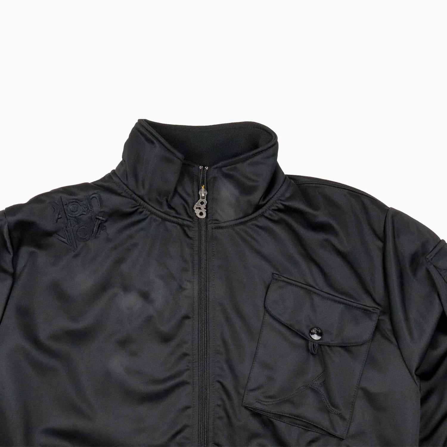 Black jacket with a zipper and pocket on a white background