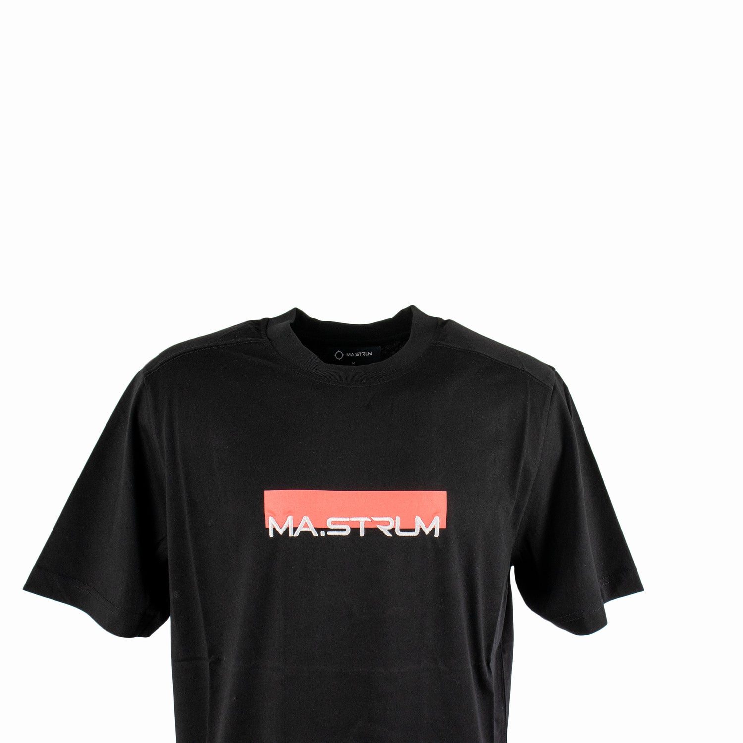 Ma.Strum Block Print Tee Black. Product image close up front view on a white background 