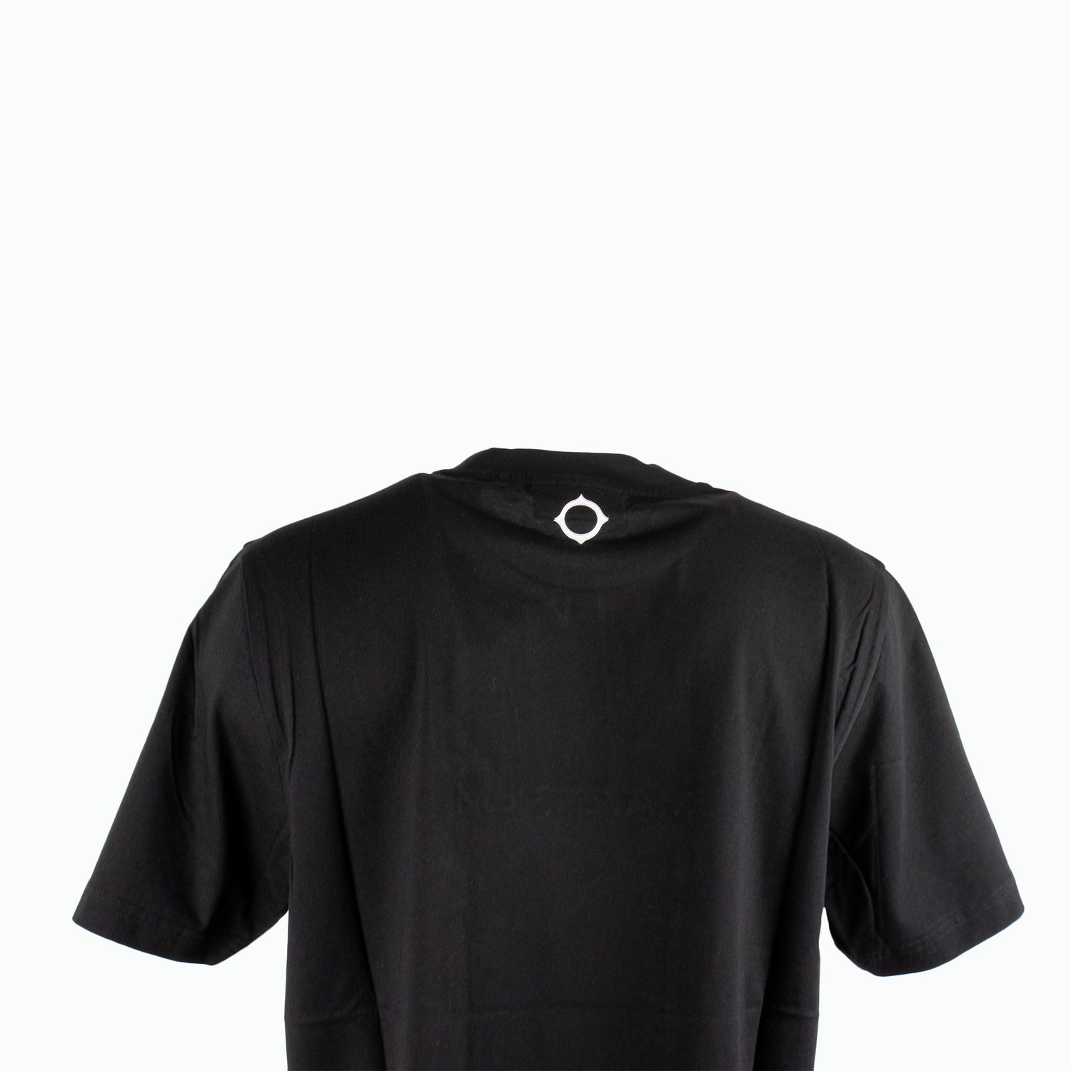 Ma.Strum Block Print Tee Black. Product image back view with white logo on the upper back.