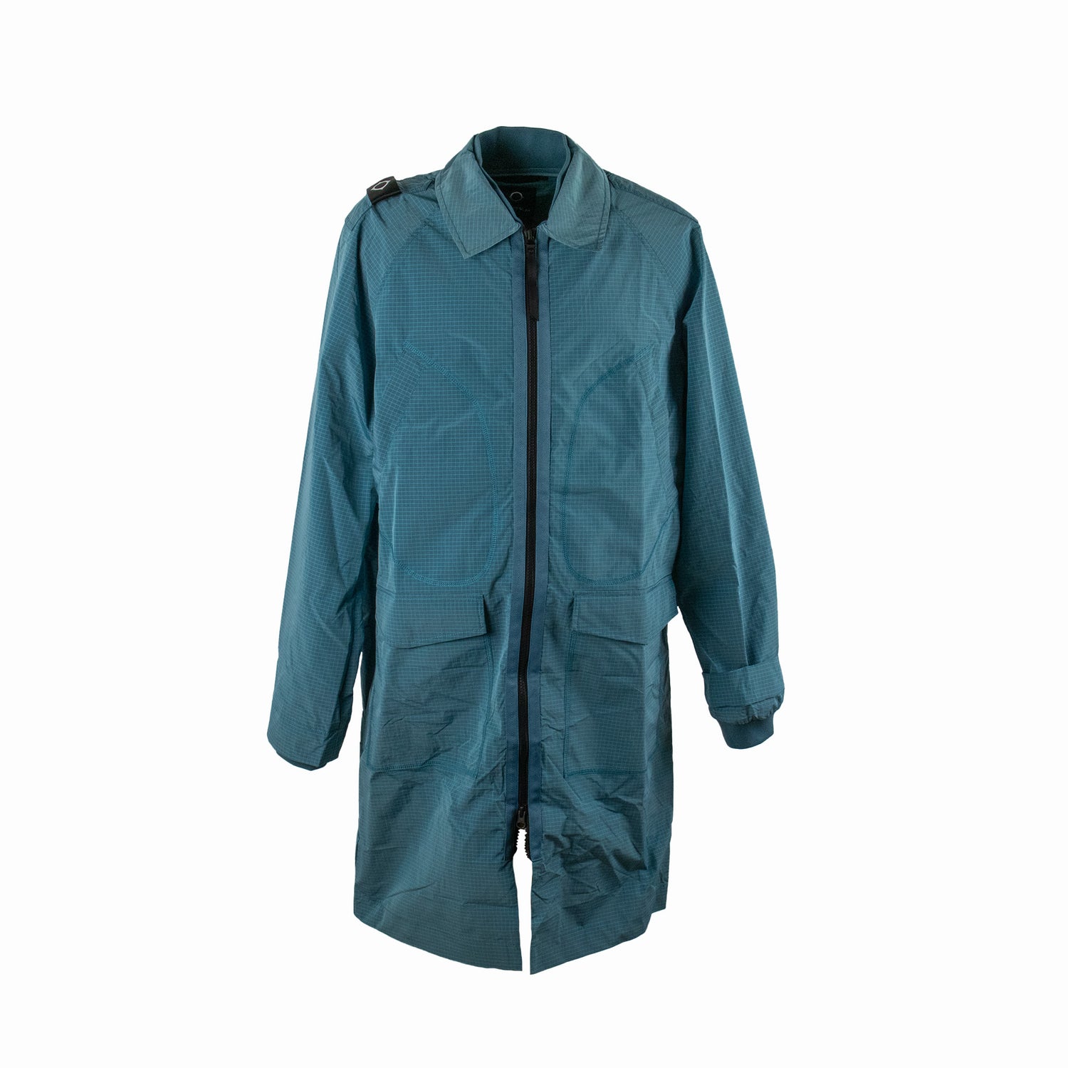 Teal raincoat on a white background