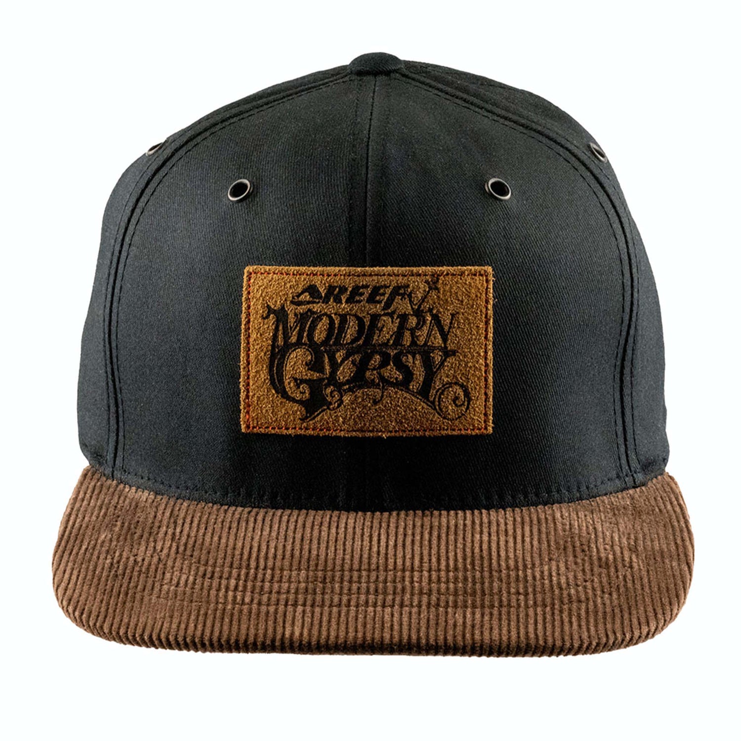 Black cap with brown brim and 'Modern Gypsy' logo on a white background