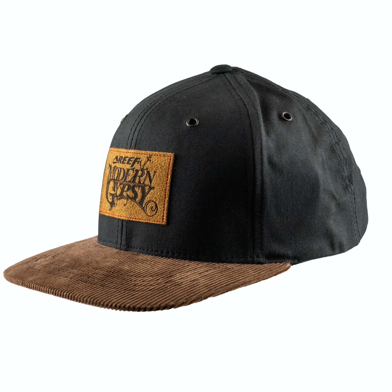 Black and brown cap with a patch on a white background