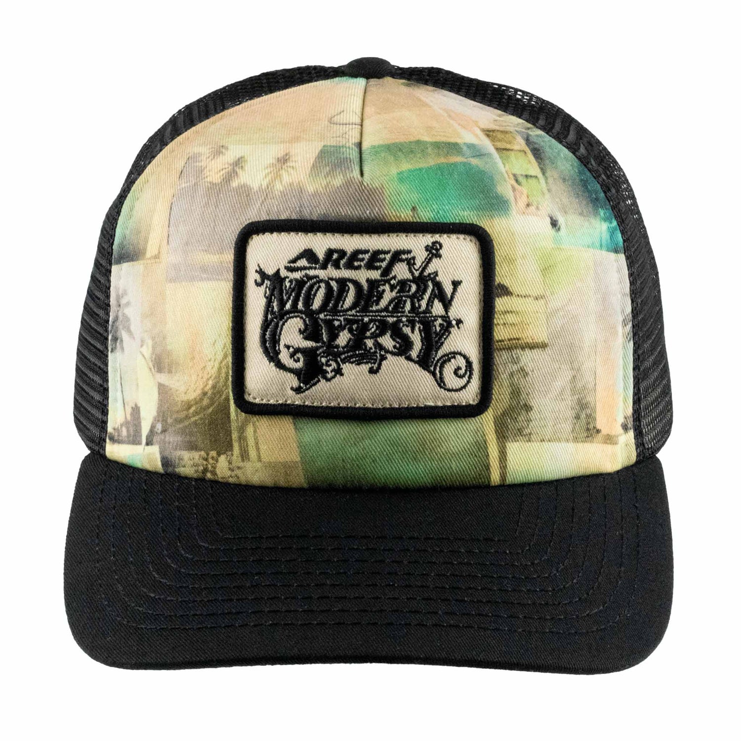 Trucker hat with a tropical pattern and 'Modern Times' logo on a white background