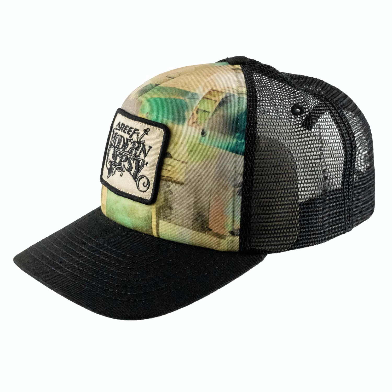 Camouflage trucker hat with a black mesh back and visible brand logo on a white background