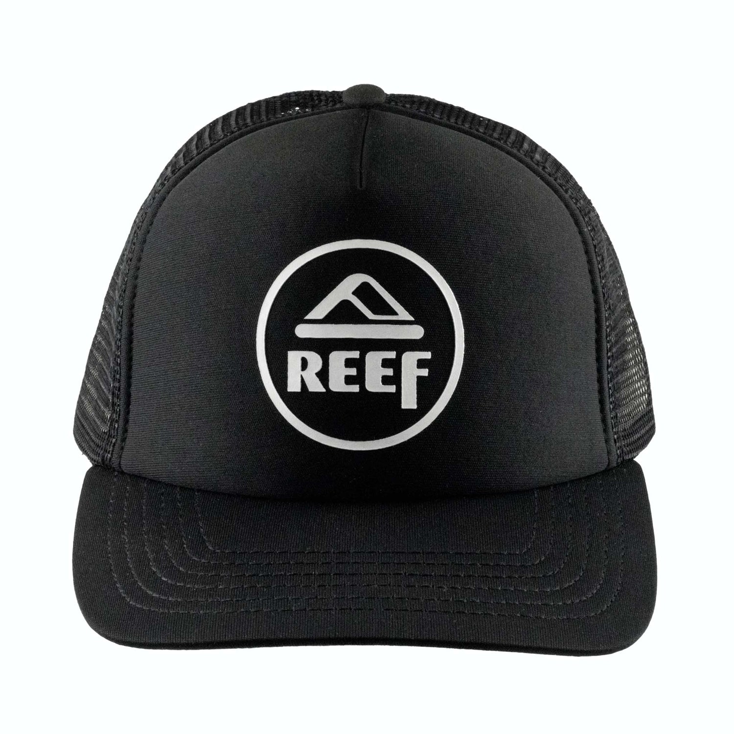Black mesh cap with Reef logo on a white background