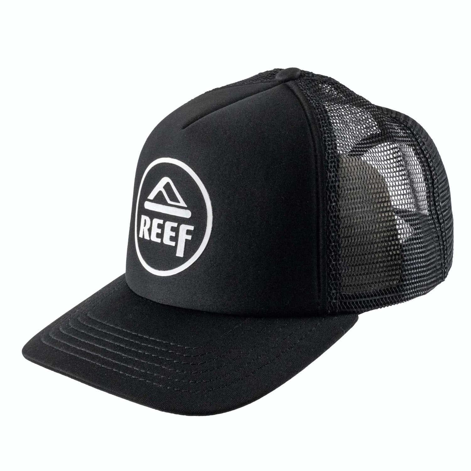 Black mesh cap with Reef logo on a white background