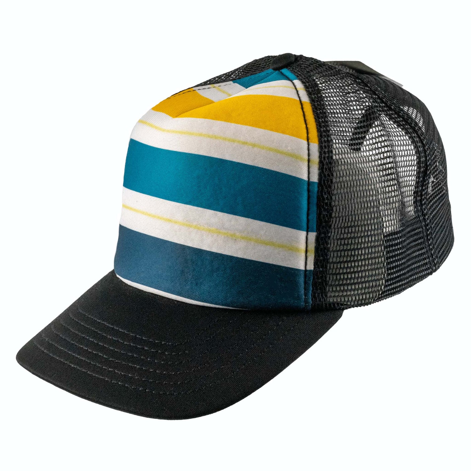 Colorful striped cap with a black mesh back on a white background