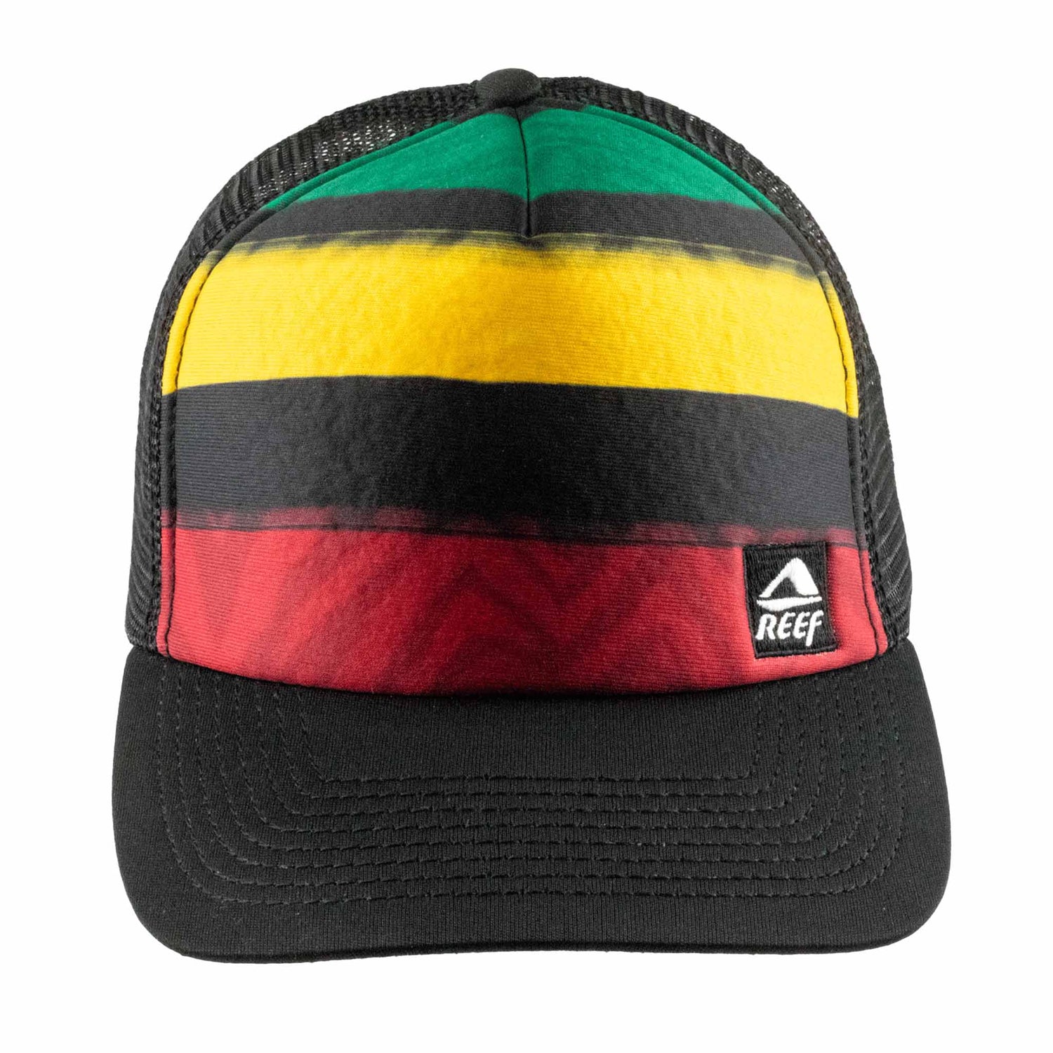 Colorful striped cap with a Reef logo on a white background