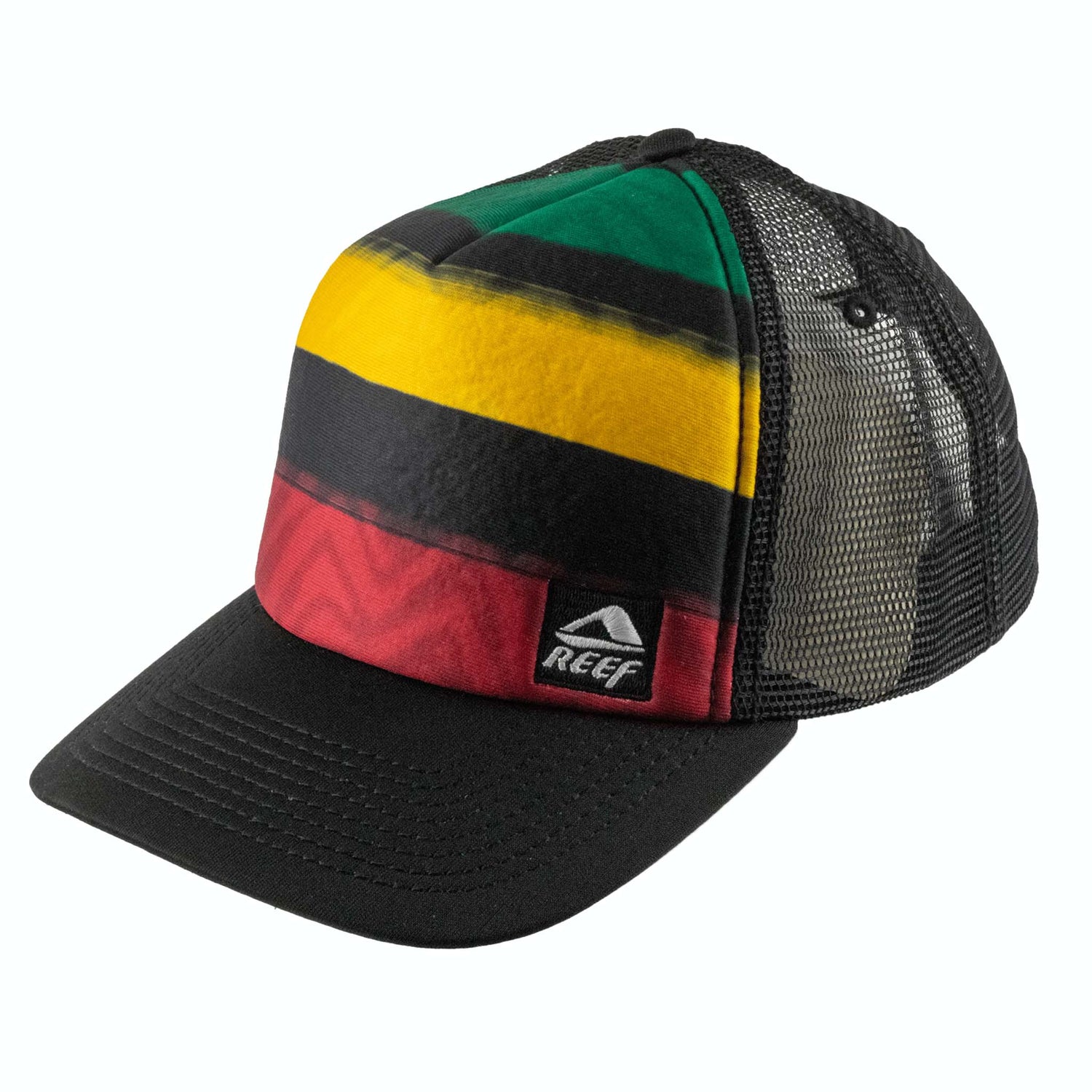 Colorful striped cap with mesh back and Reef logo on a white background