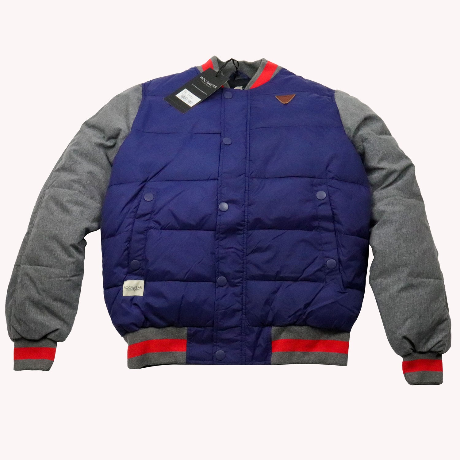 Blue and gray puffer jacket with red accents on a white background