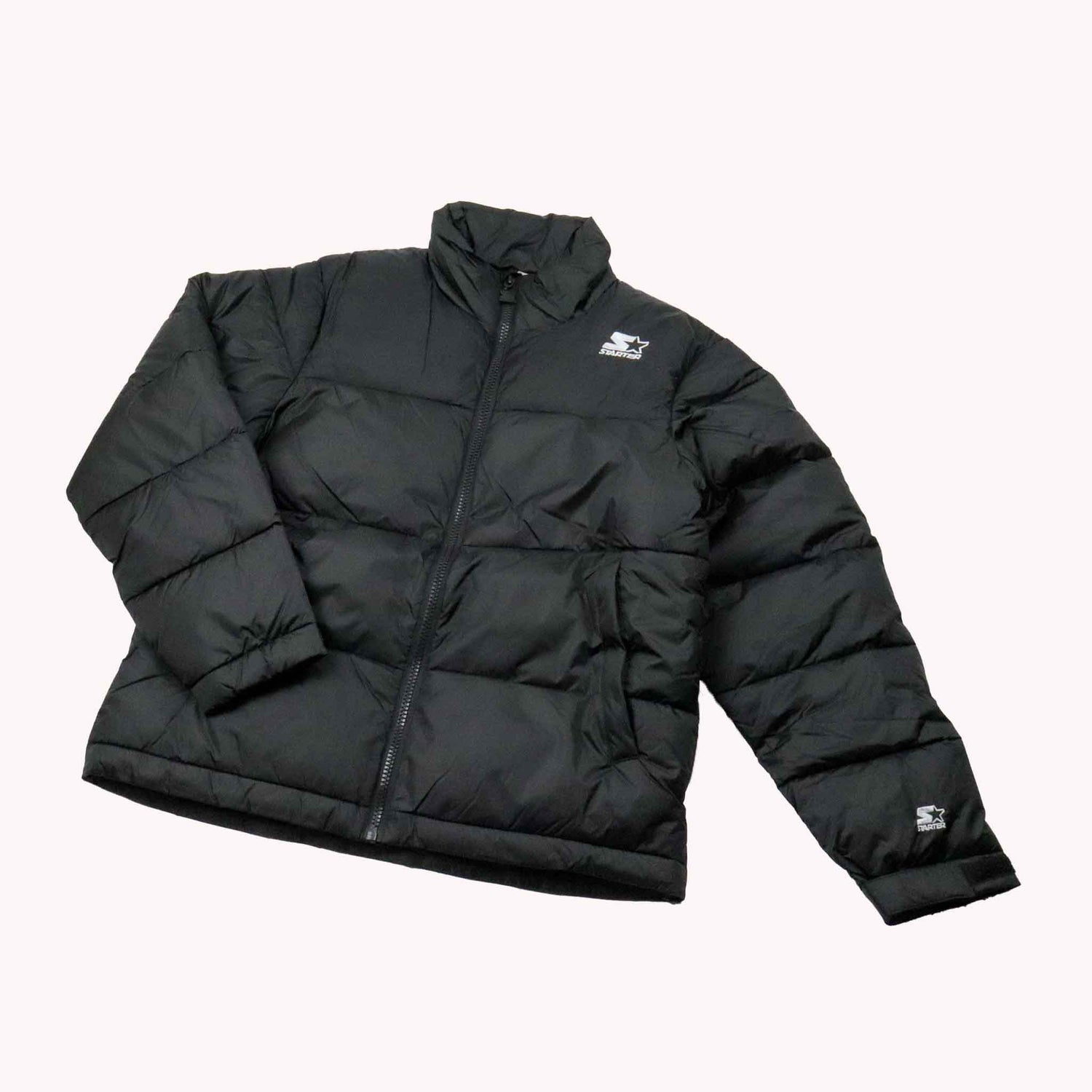 Black puffer jacket with brand logo on a white background