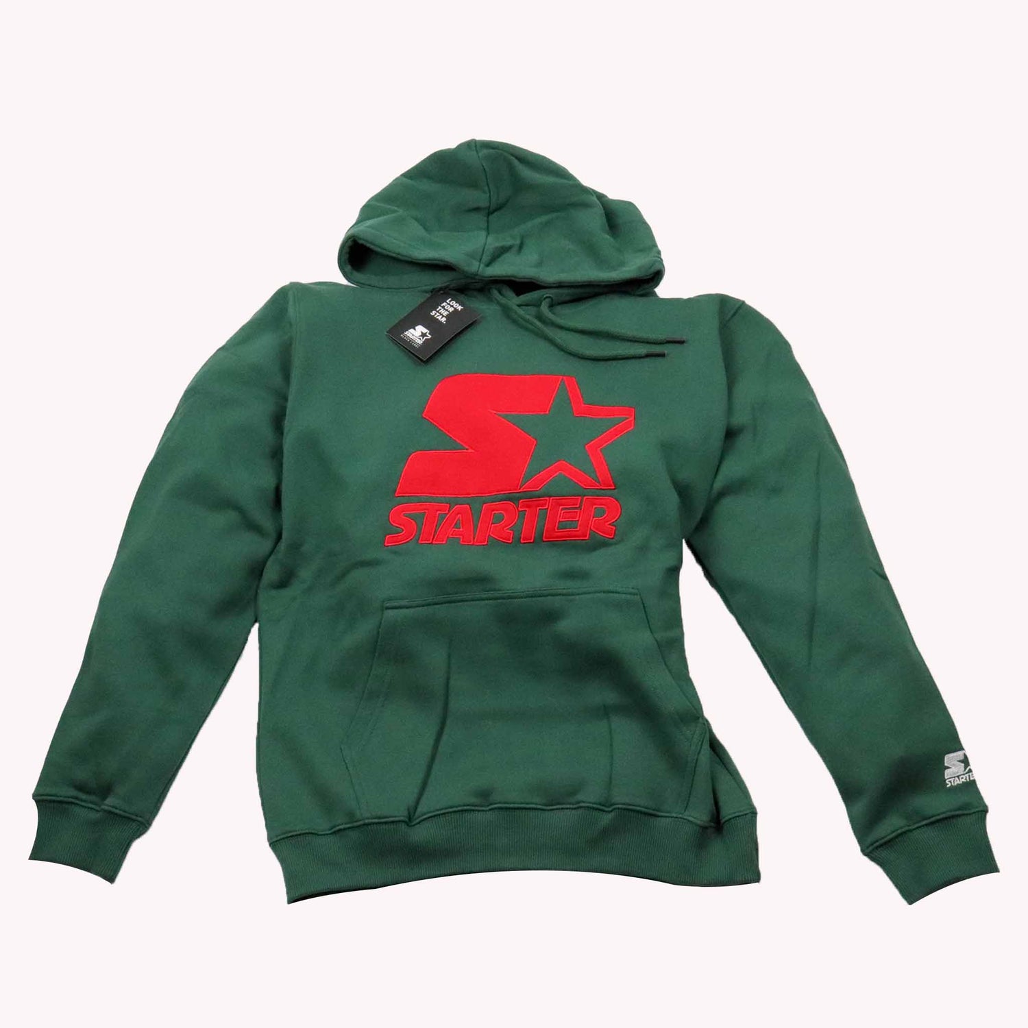 Green hoodie with red logo on a white background