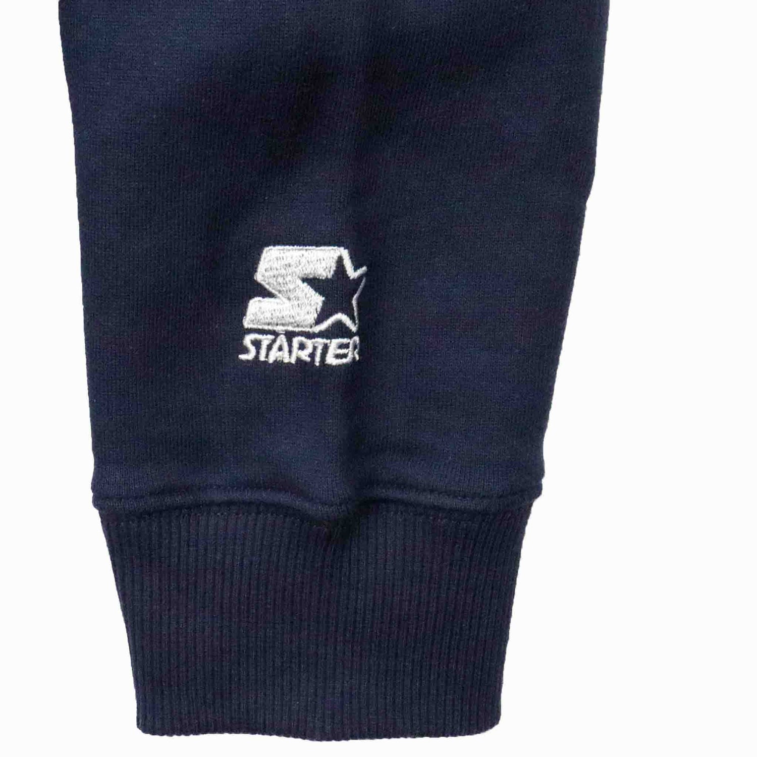 Navy blue sweatpants with Starter logo on a white background