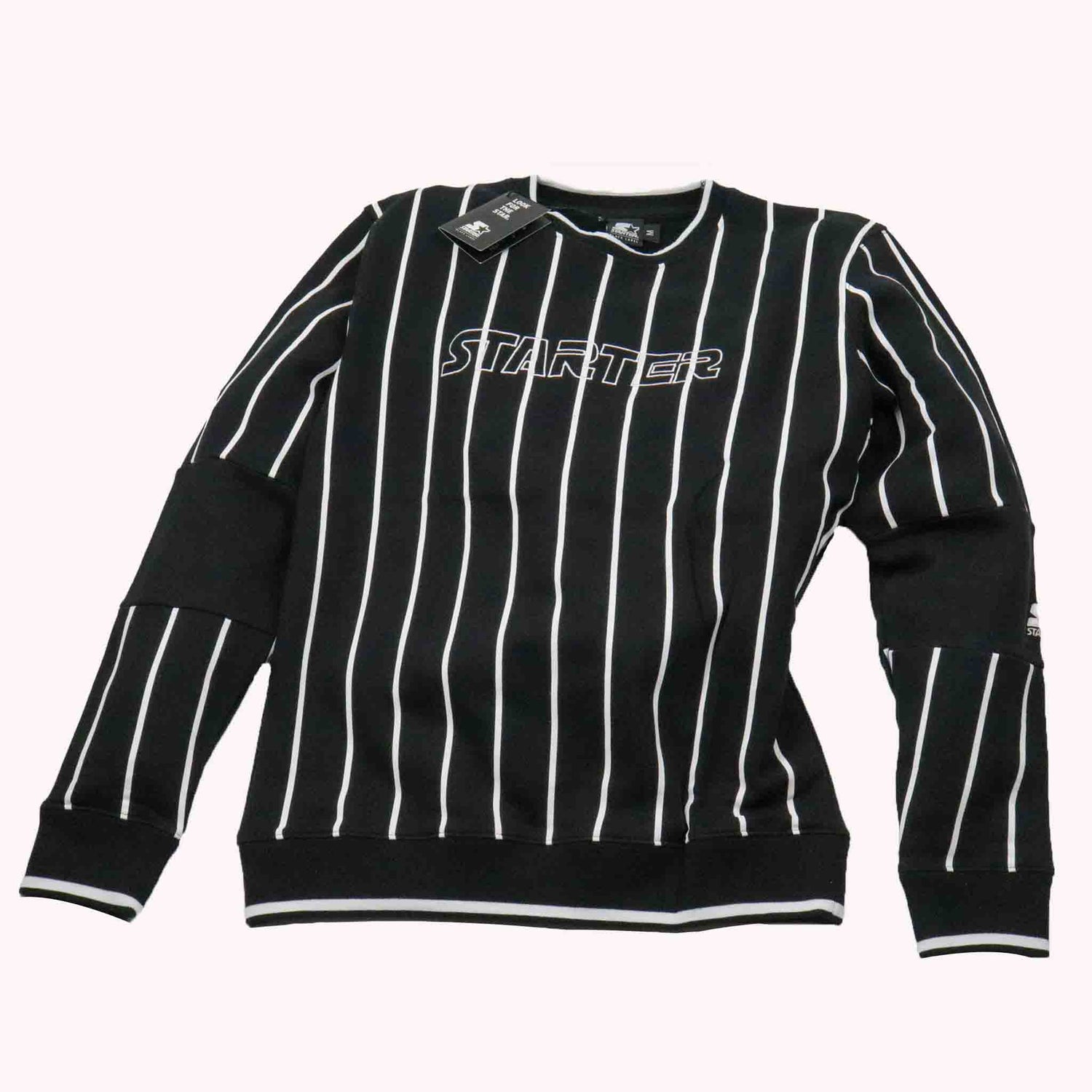 Black and white striped sweatshirt with 'Starter' logo on a white background