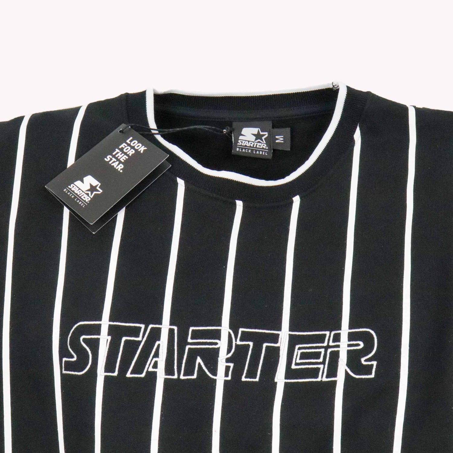Black and white striped shirt with 'Starter' logo on a white background