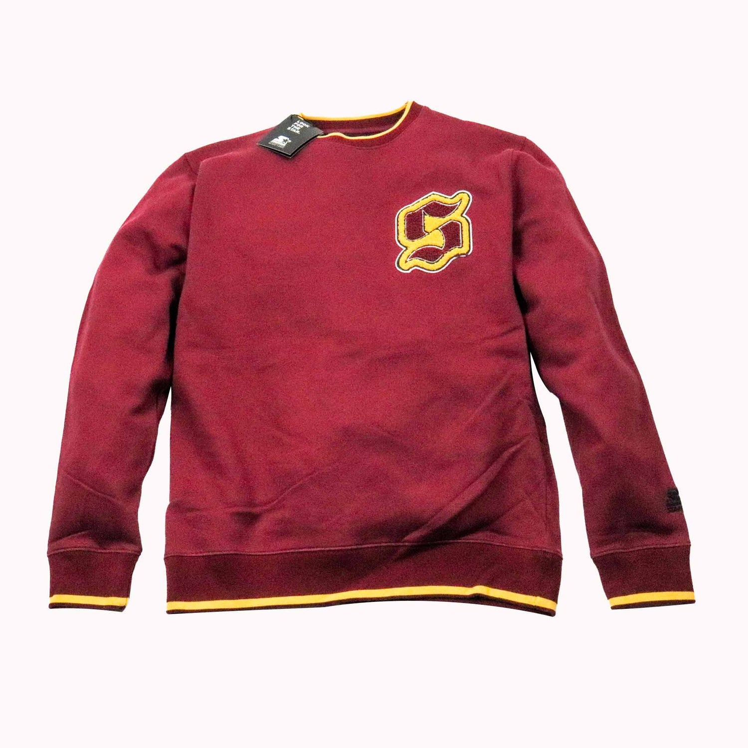 Maroon sweatshirt with yellow accents and logo on a white background