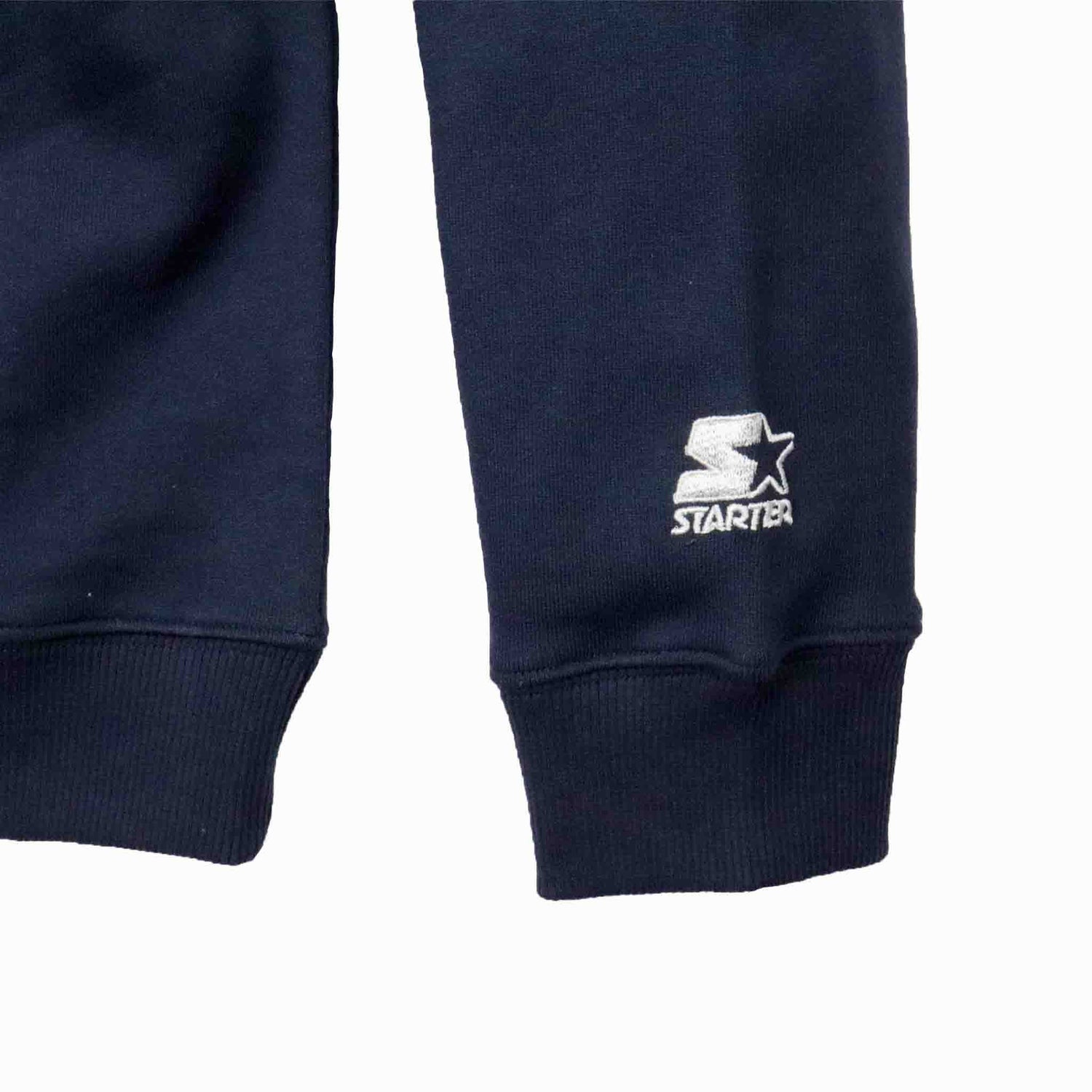 Navy blue sweatshirt Sleeve with a white logo on a white background