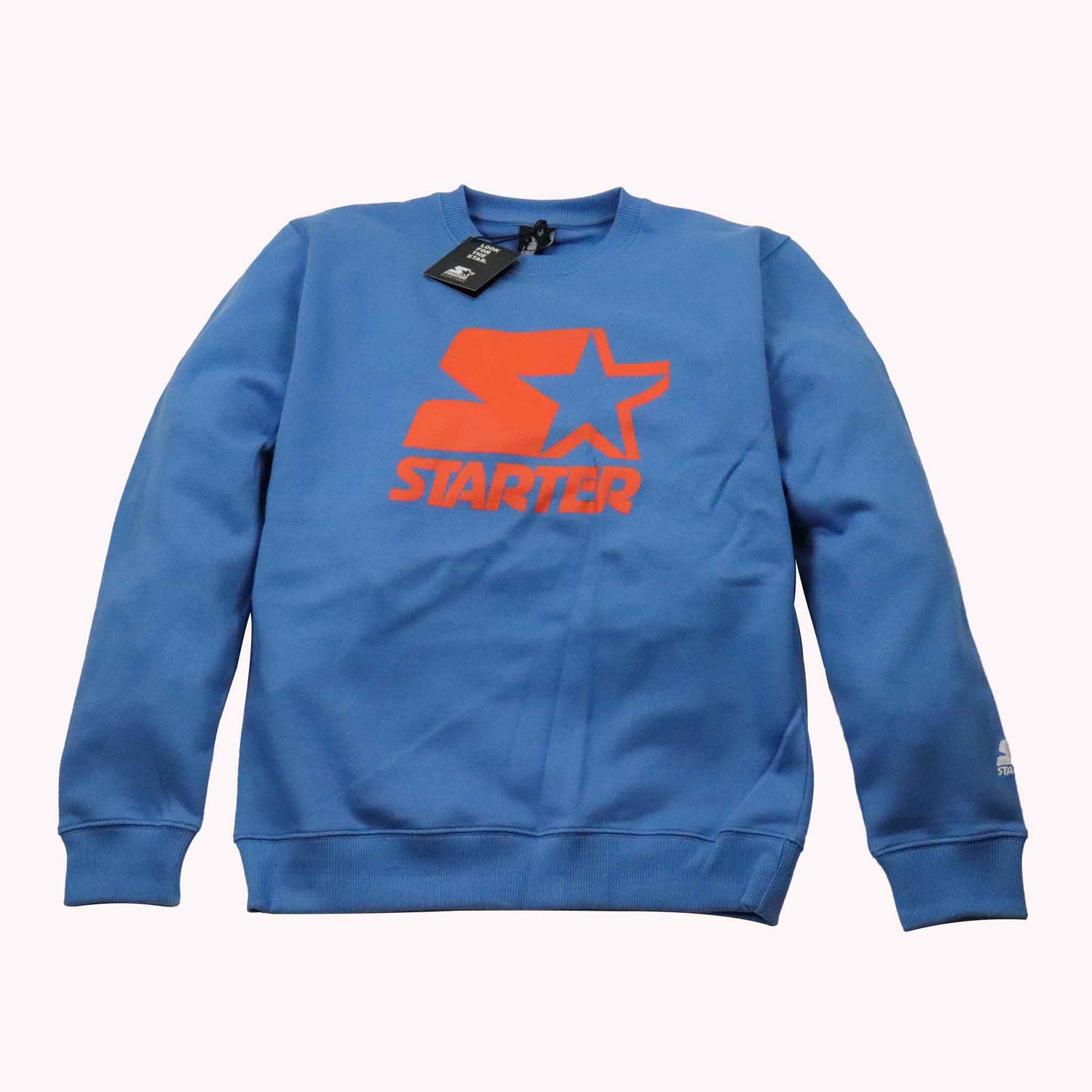Blue sweatshirt with orange logo on a white background