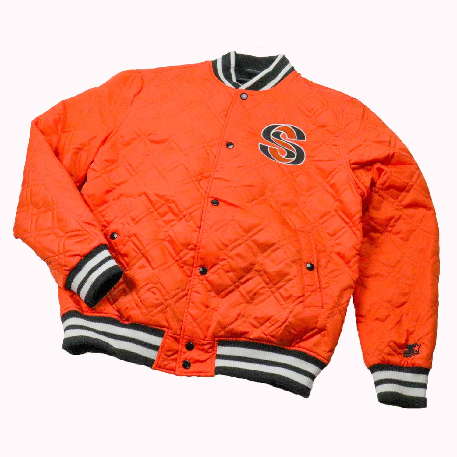 Orange quilted jacket with a logo on a white background