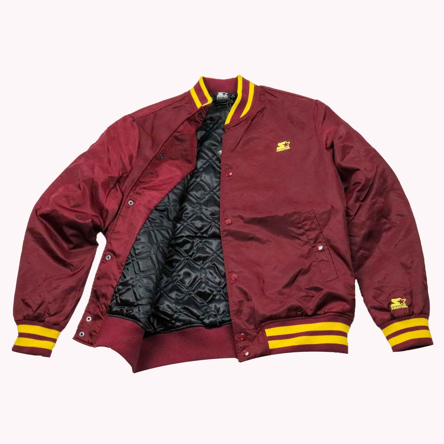 Maroon jacket with yellow accents on a white background