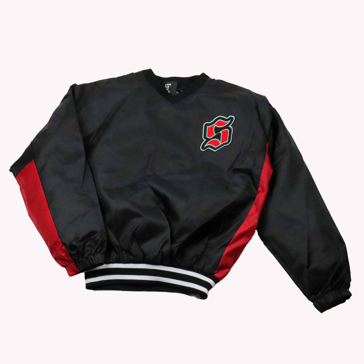 Black and red jacket with a logo on a white background