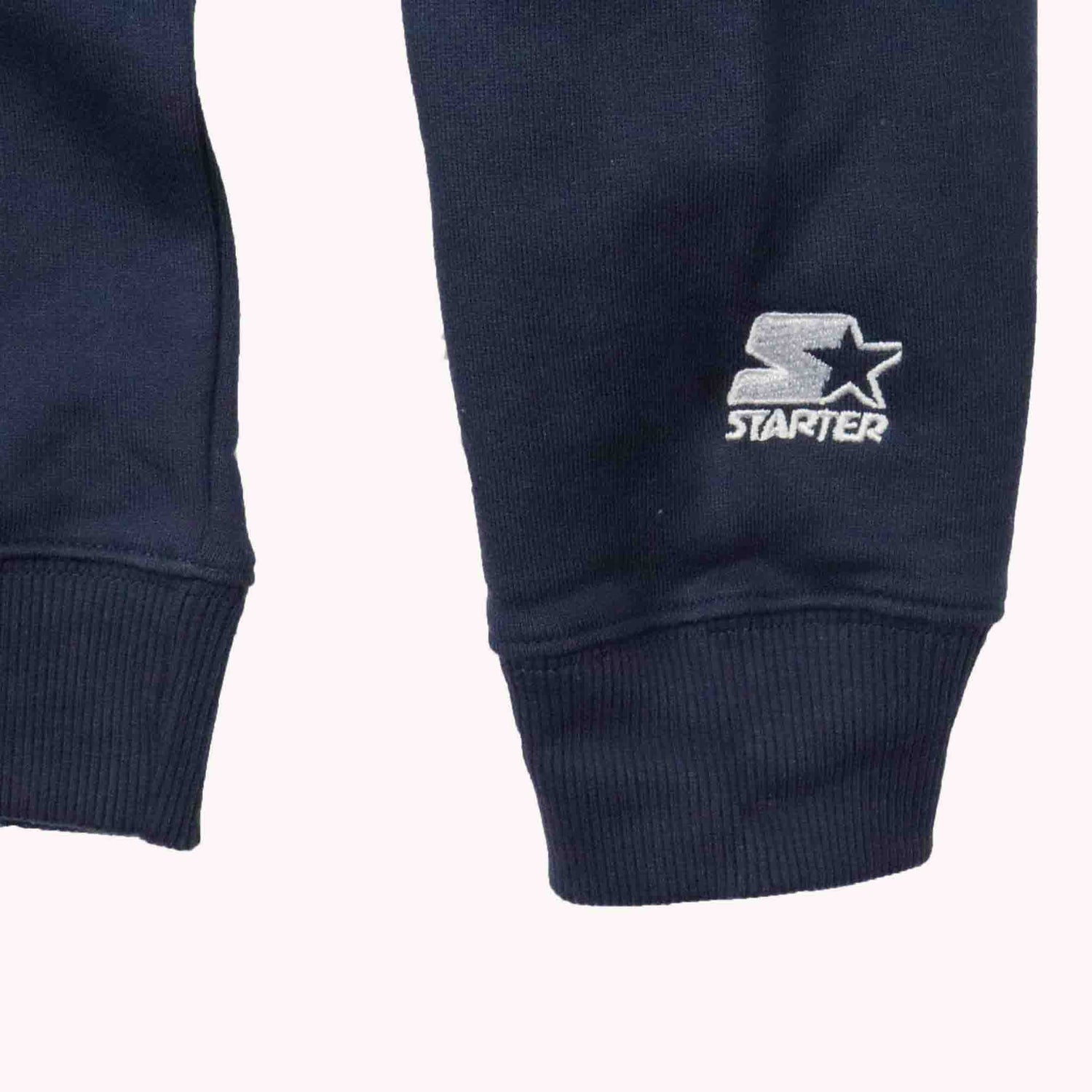Navy blue sweatshirt Sleeve with Starter logo on a white background