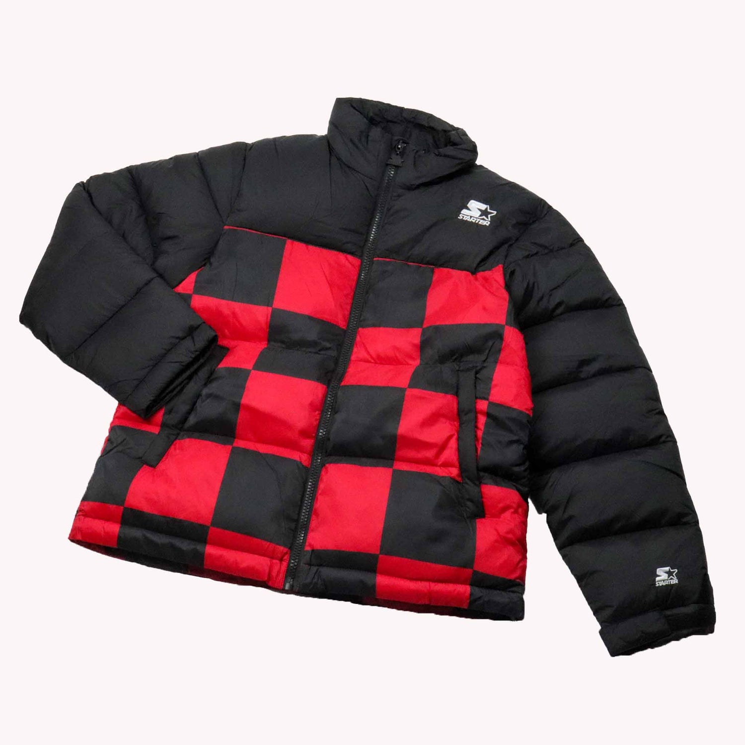 Black and red checkered puffer jacket on a white background