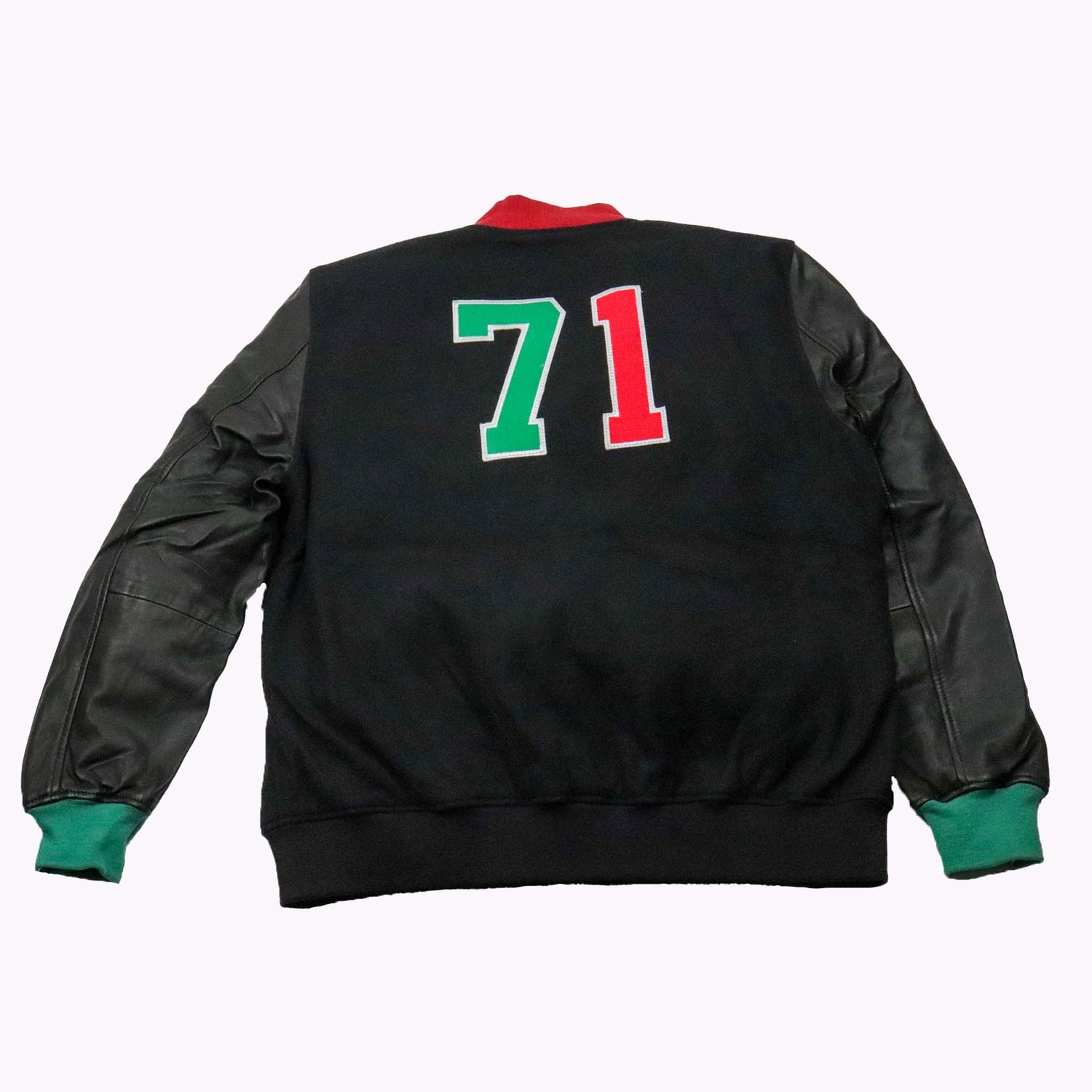 Black jacket with colorful numbers on the back against a white background