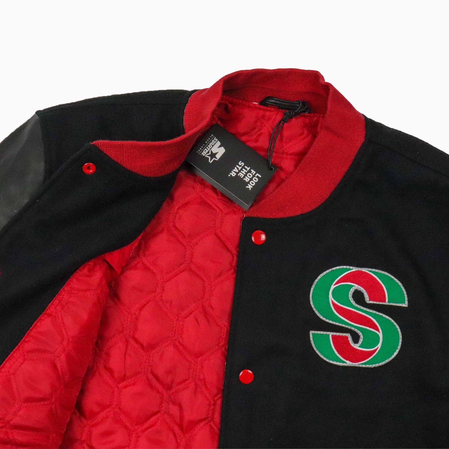 Black and red varsity jacket with a logo on a white background