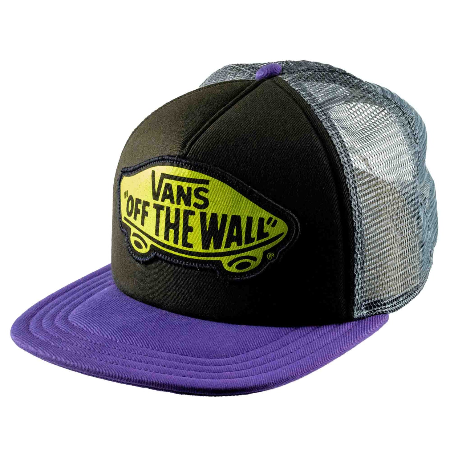 Black and purple Vans cap with mesh back on a white background