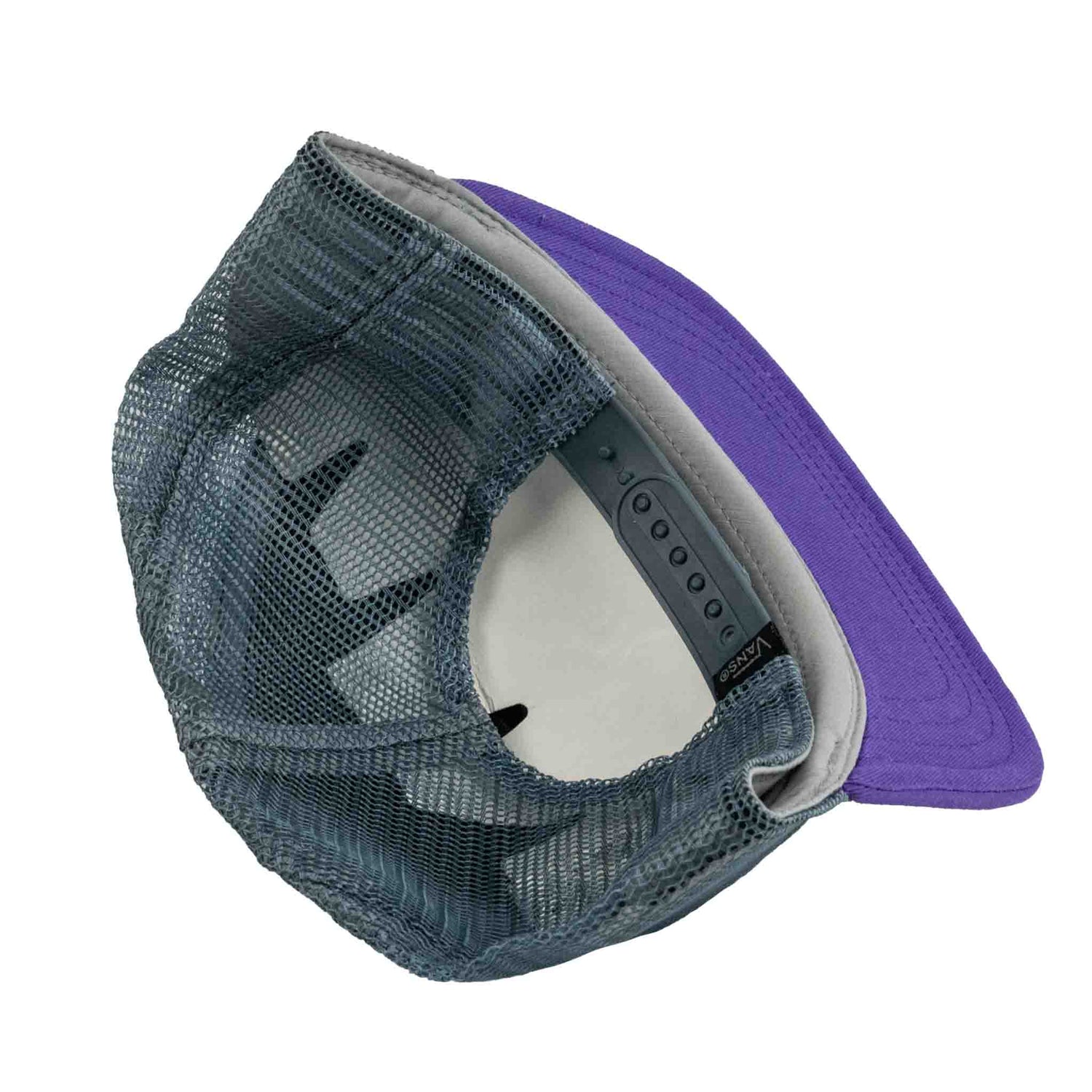 Purple and gray cap with mesh back on a white background