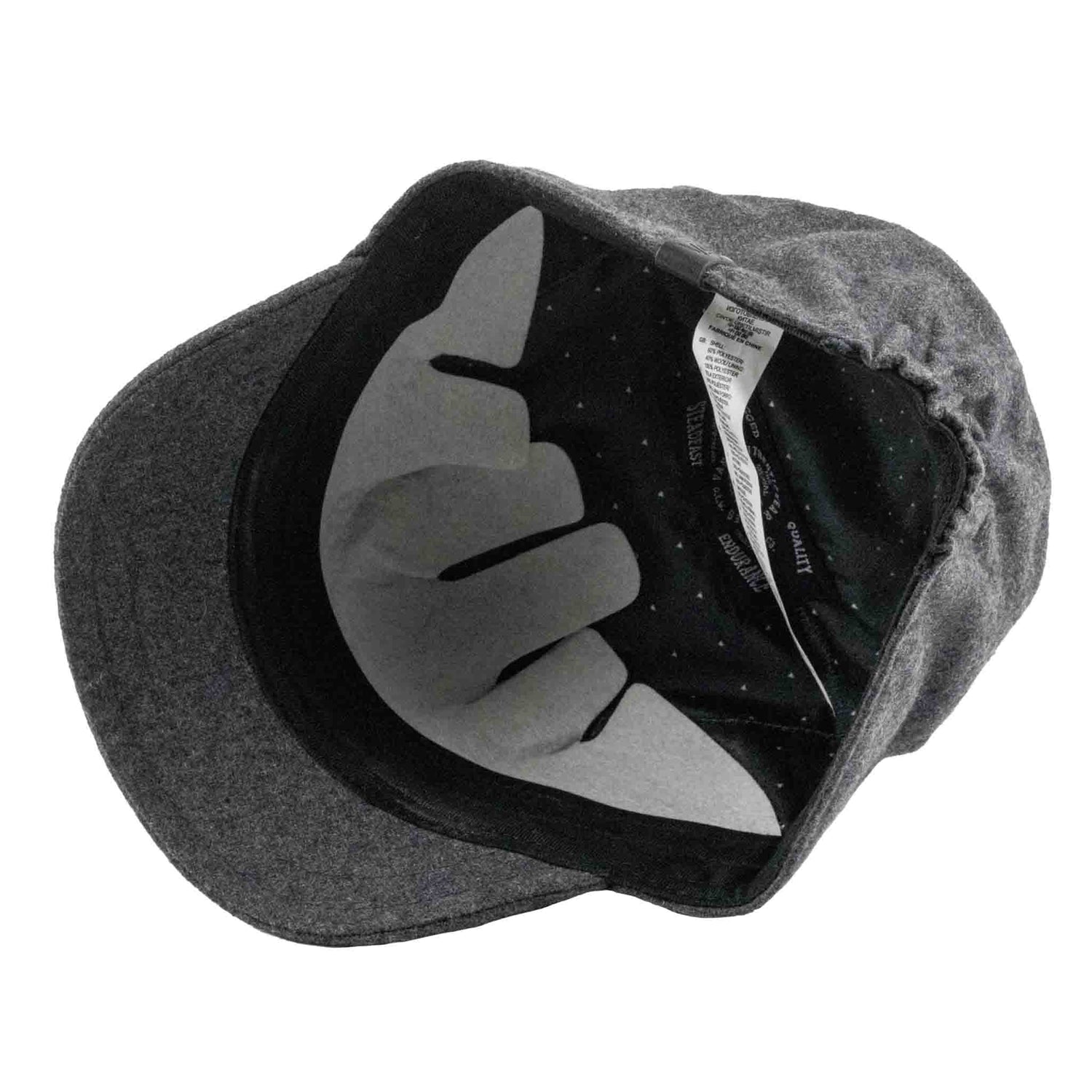 Gray cap with a black interior and visible brand label on a white background