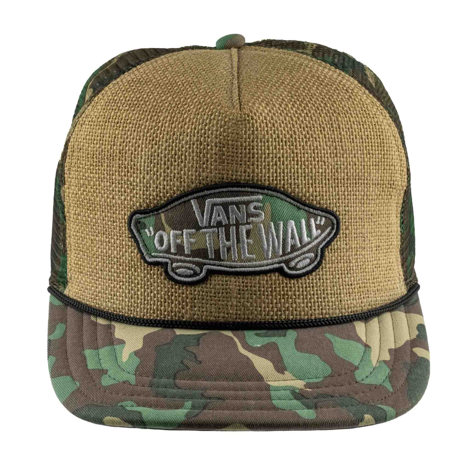 Camouflage and beige cap with Vans 'Off The Wall' logo on a white background